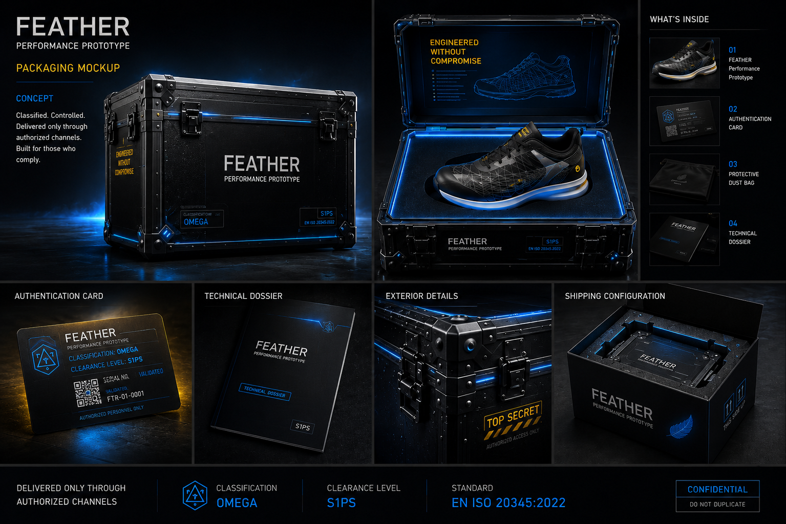 FEATHER packaging concept: black flight case, authentication card and technical dossier