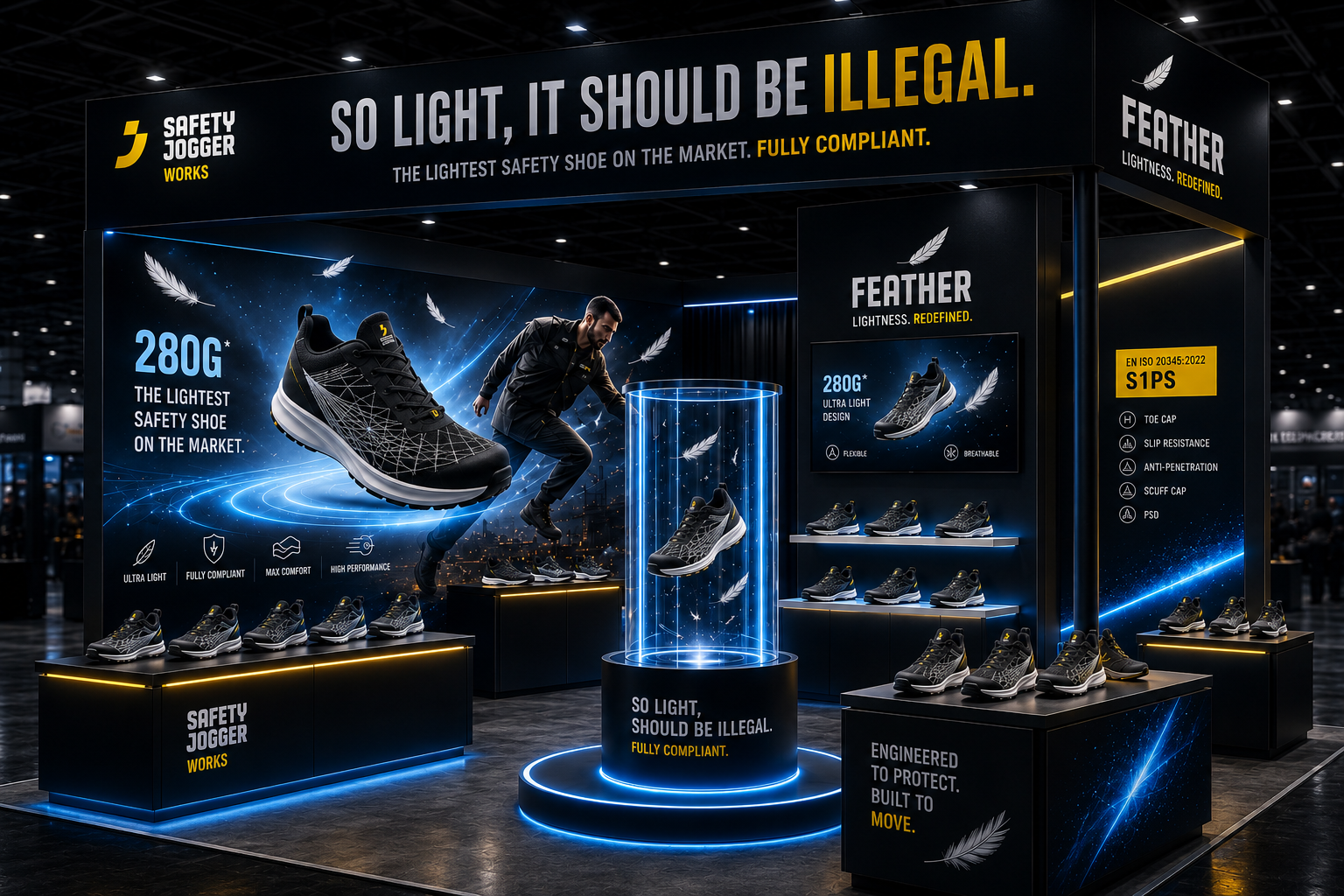 FEATHER exhibition stand with product displays and a lit glass column