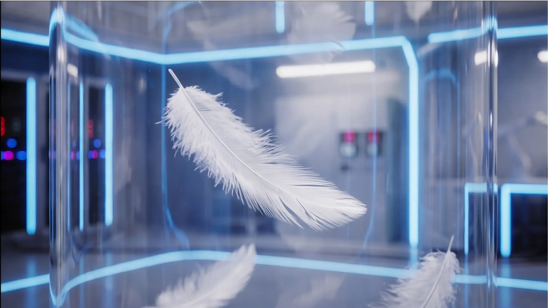 A white feather drifting inside a glass laboratory chamber