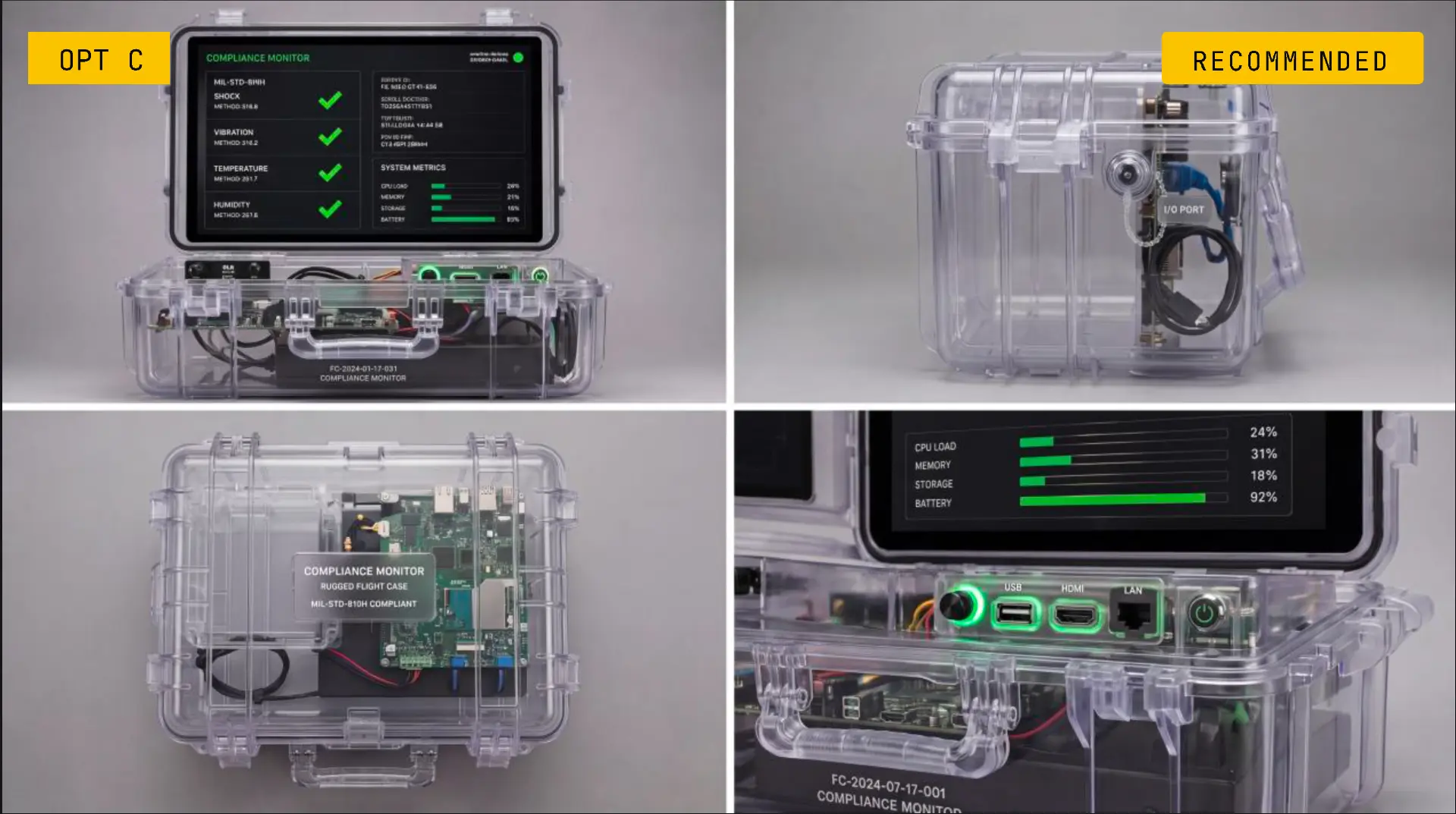 Transparent rugged compliance-monitor case with screen and internal electronics