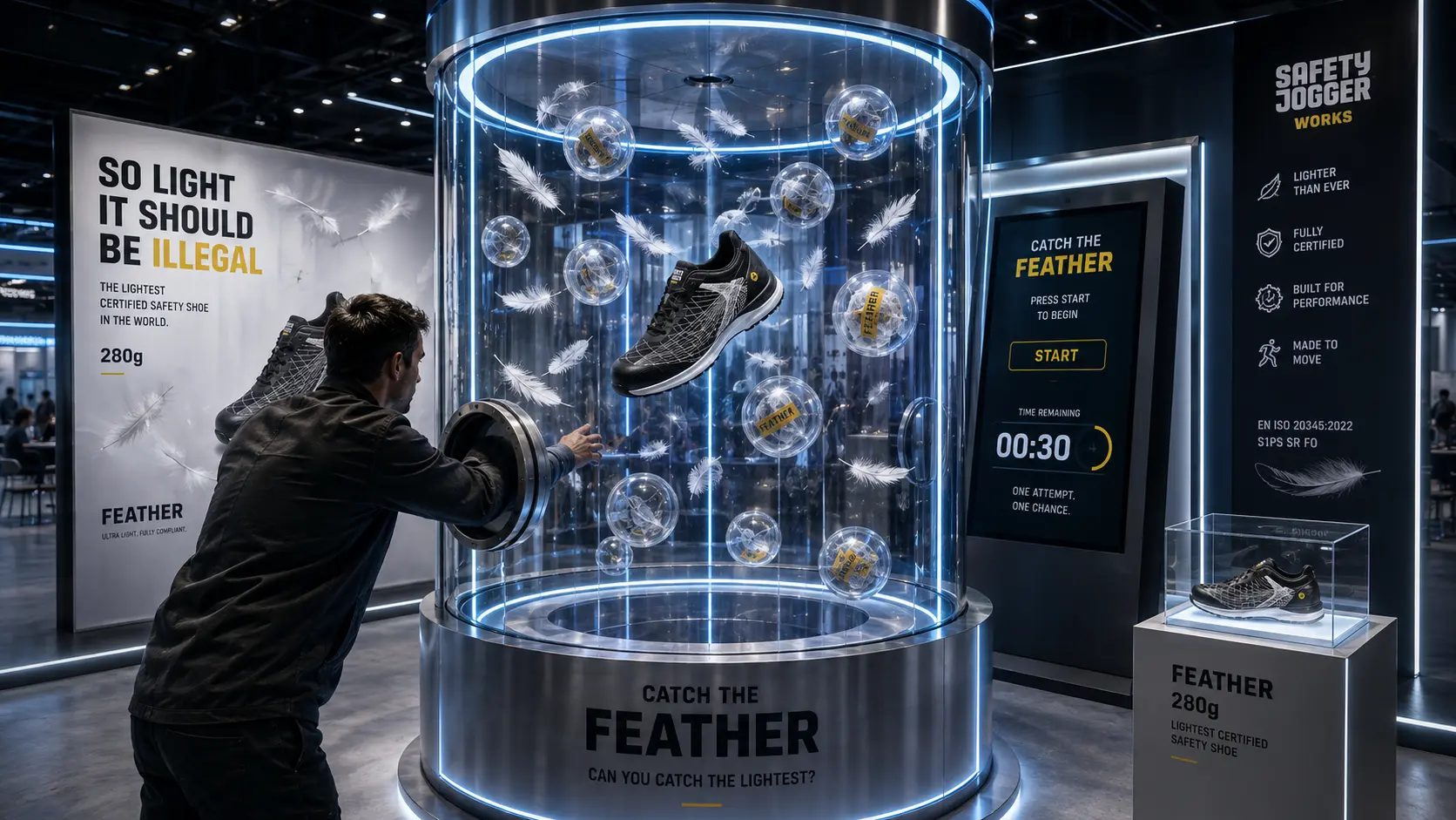 Visitor reaching into a transparent chamber where a FEATHER shoe and prize capsules float