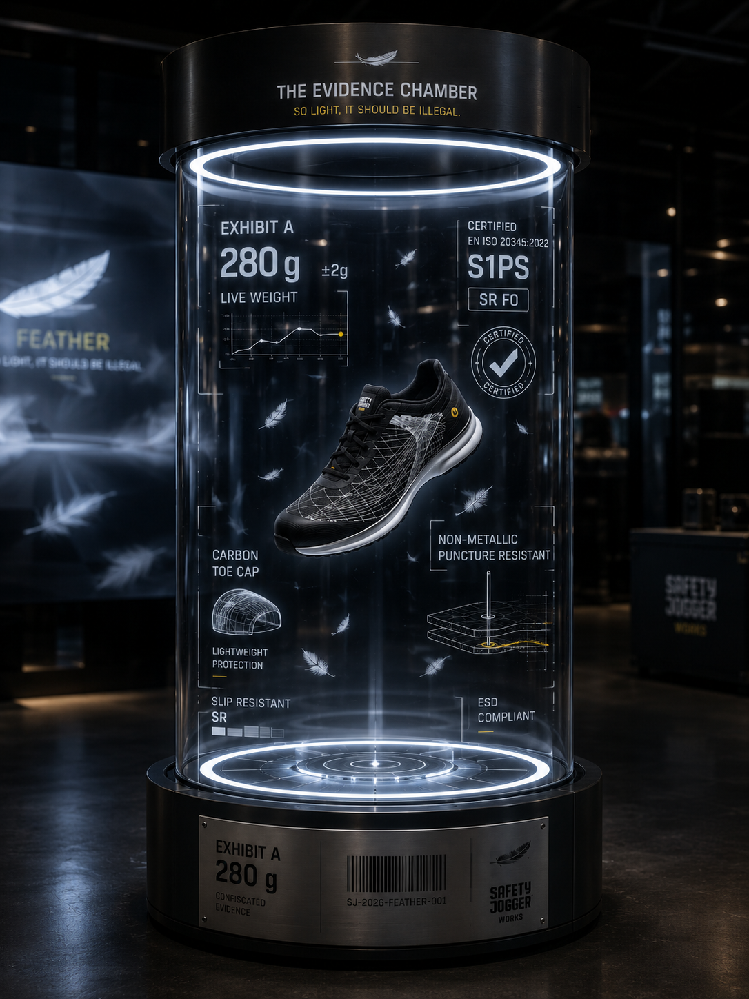 The Evidence Chamber: a levitating FEATHER shoe inside a glass column with transparent OLED spec callouts