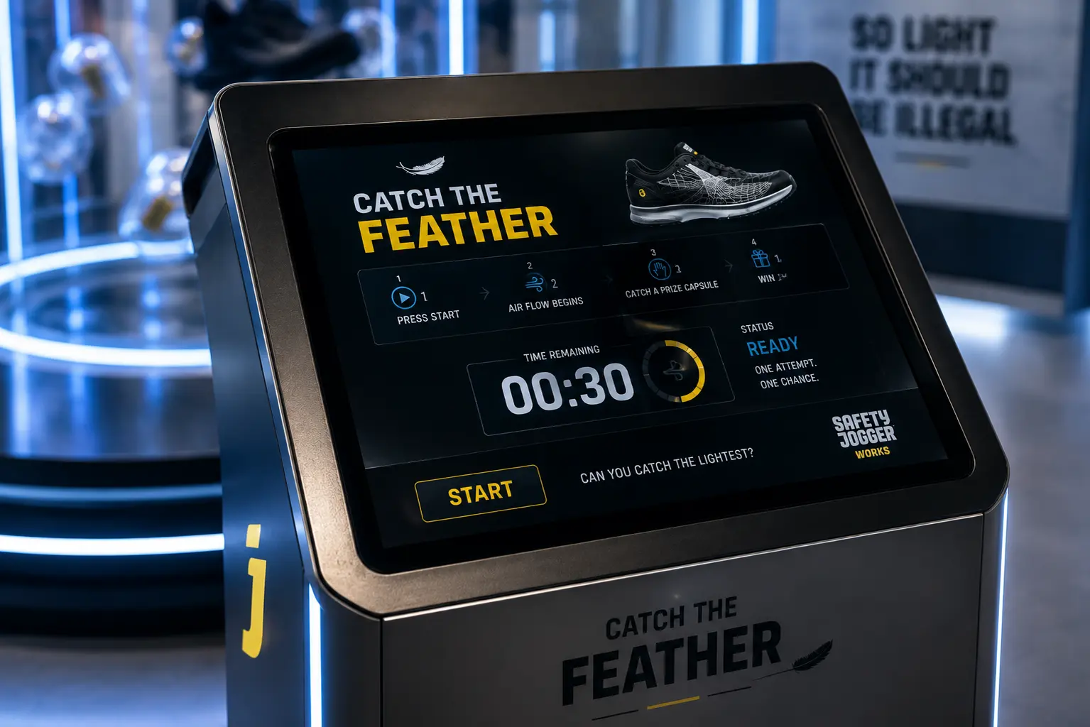 Touchscreen kiosk showing the Catch the FEATHER game flow and countdown
