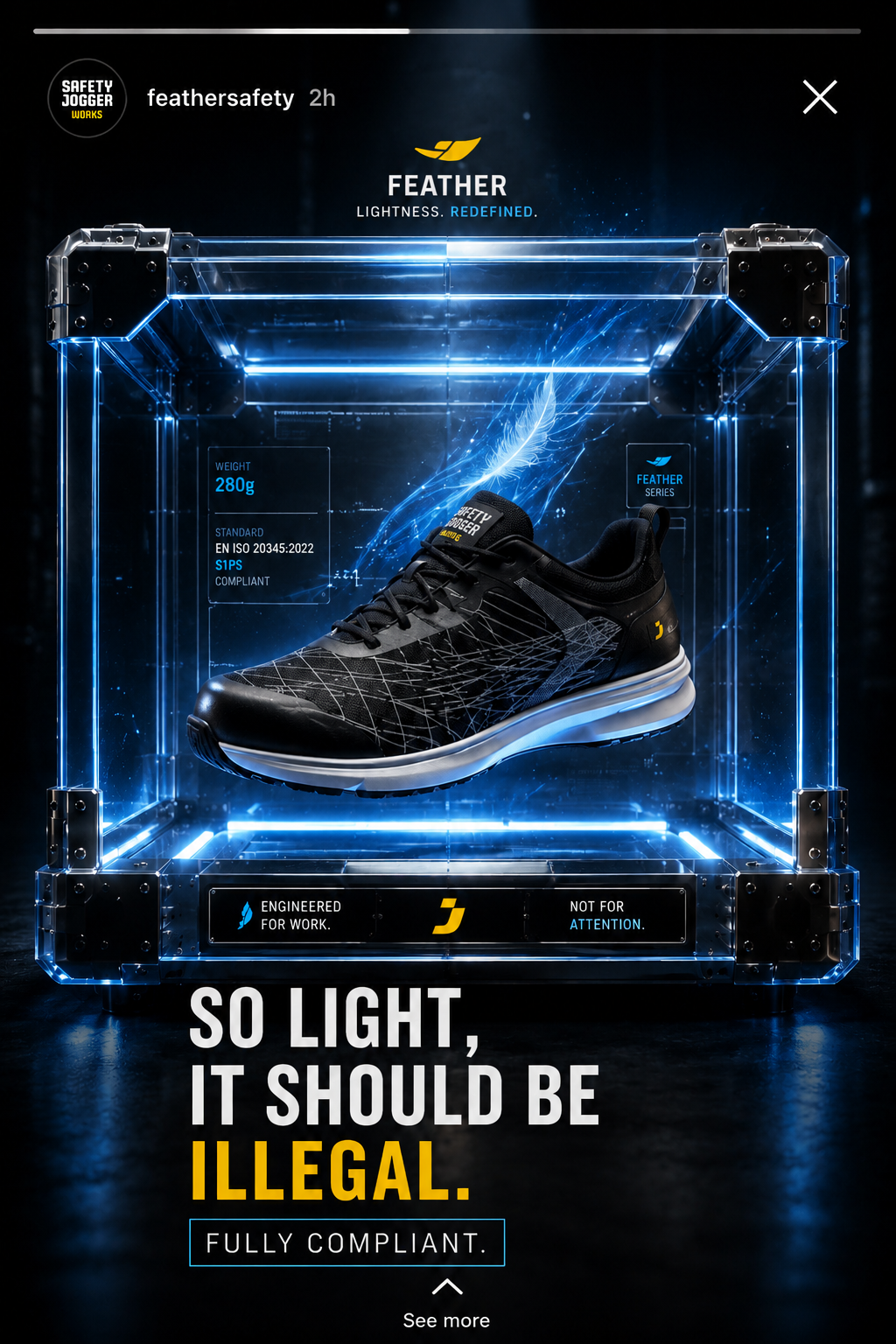 Vertical social story: FEATHER shoe in a lit glass case with the line So light, it should be illegal