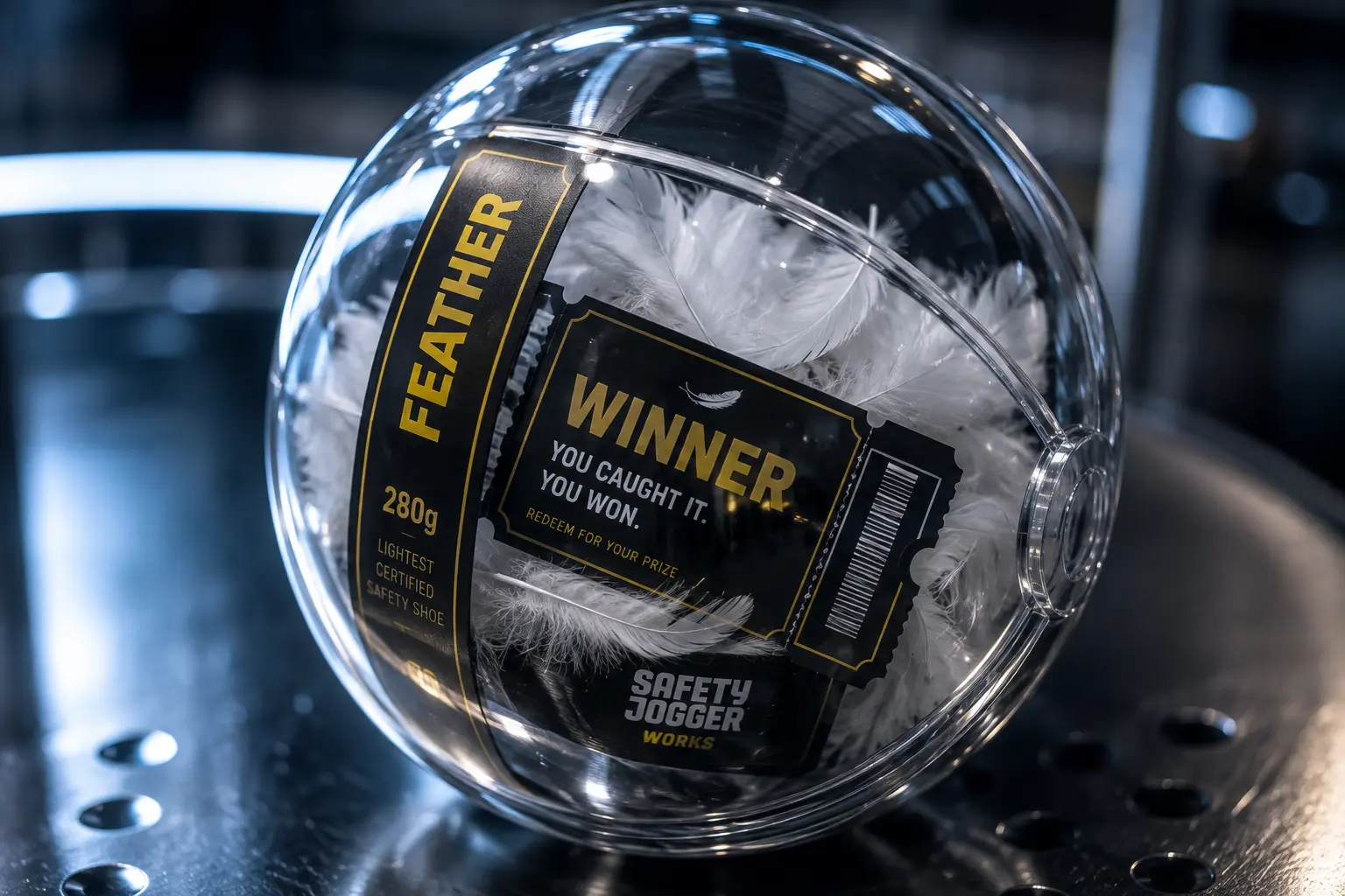 Transparent FEATHER prize capsule containing feathers and a winner ticket