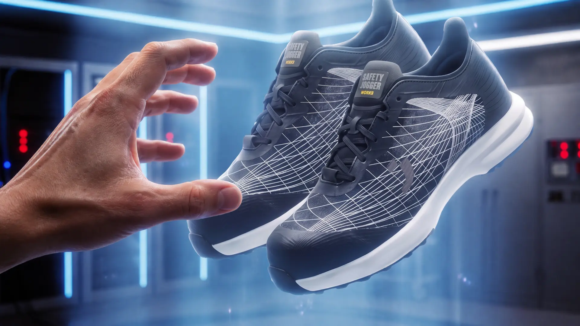 A hand reaching for a pair of FEATHER safety shoes floating in a laboratory
