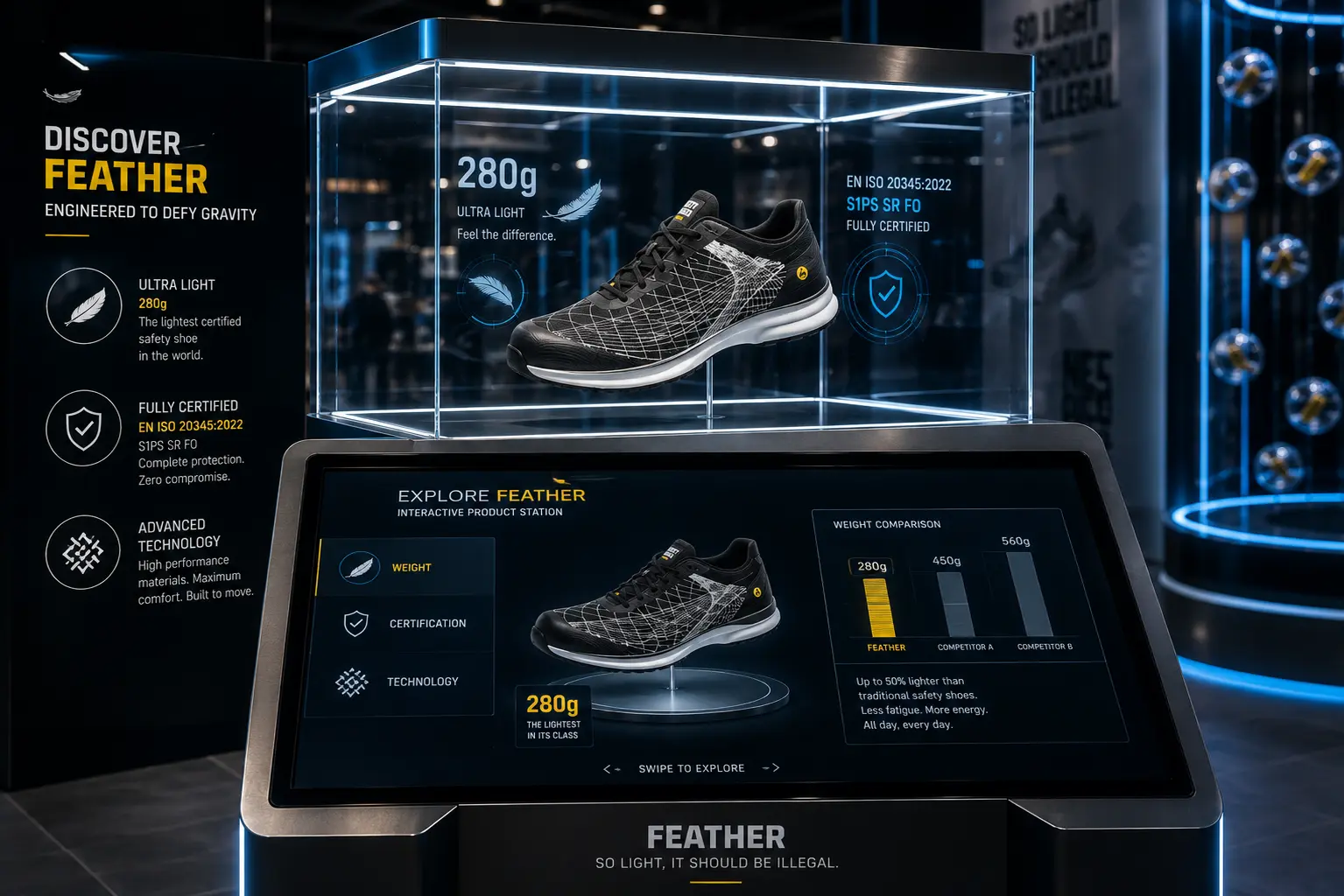 Interactive FEATHER product station with lit display case and touchscreen
